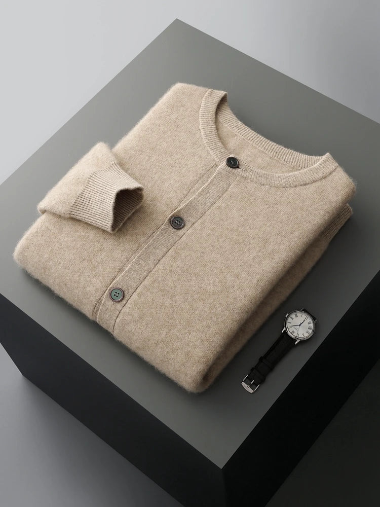 Men’s wool knit two-piece outfit in light camel brown, button-front sweater and pants