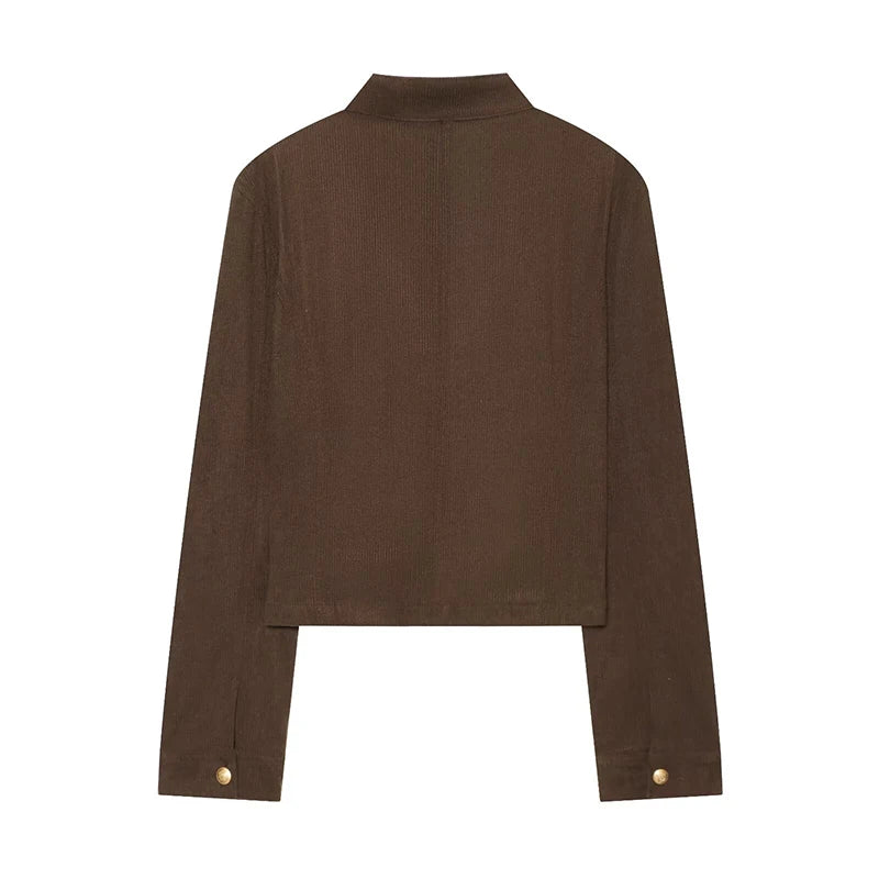 Brown cropped jacket with button-front closure and stand collar