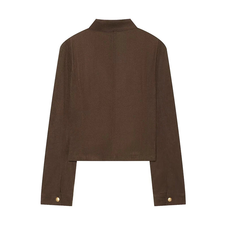 Brown cropped jacket with button-front closure and stand collar