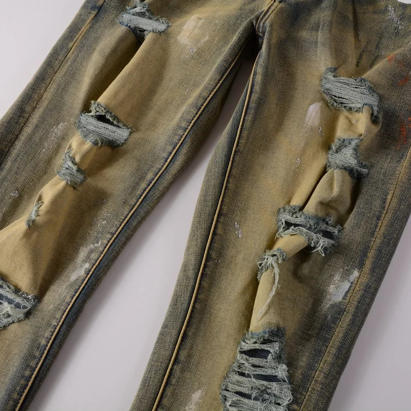 Retro Slim Fit Ripped Denim Jeans Pants