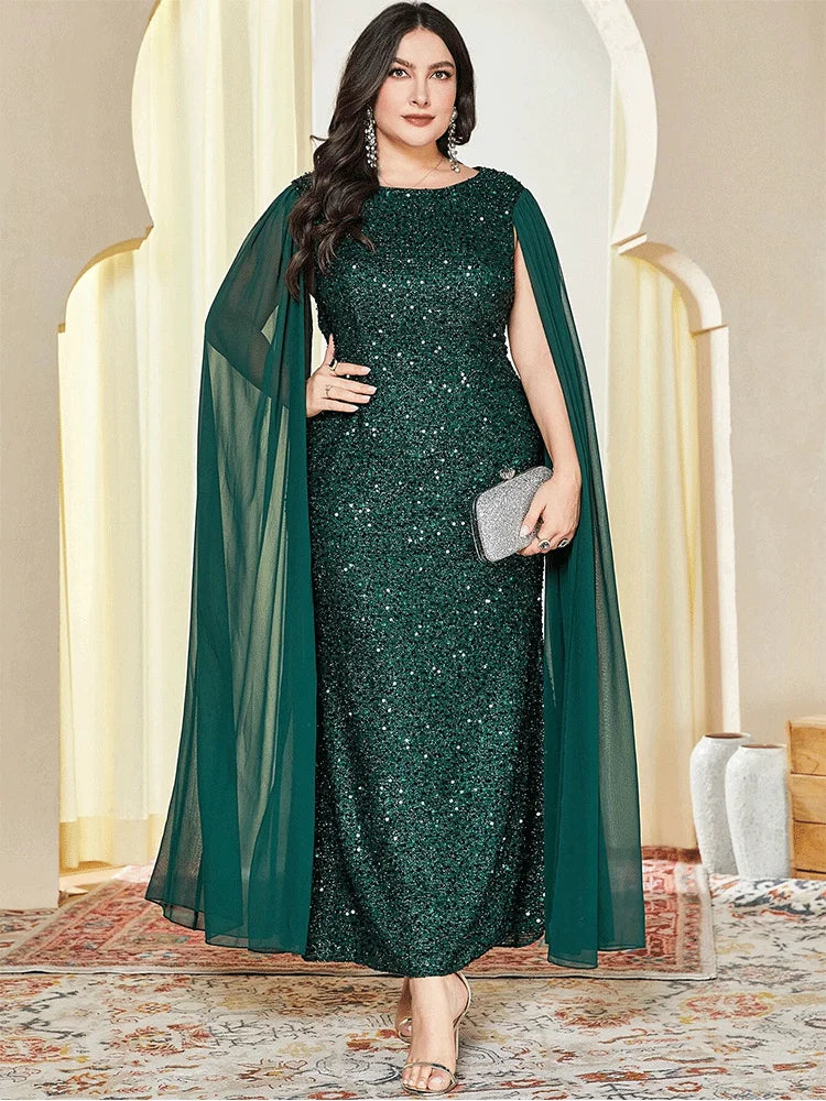 Cape Sequined Plus Size Women's Party Gown