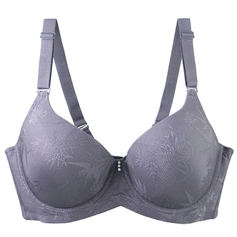 Plus-size full coverage bra, lavender purple with jacquard leaf pattern, underwire, adjustable straps