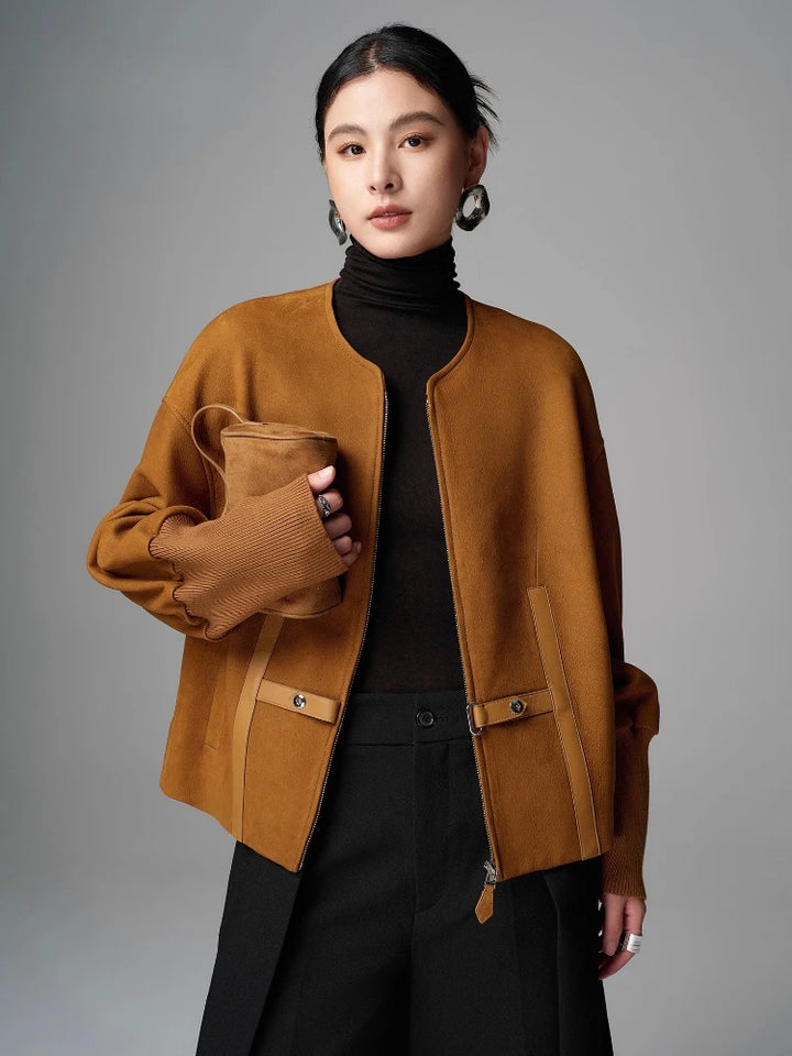 Mustard-brown O-neck shearling leather jacket, zip front and flap pocket detail