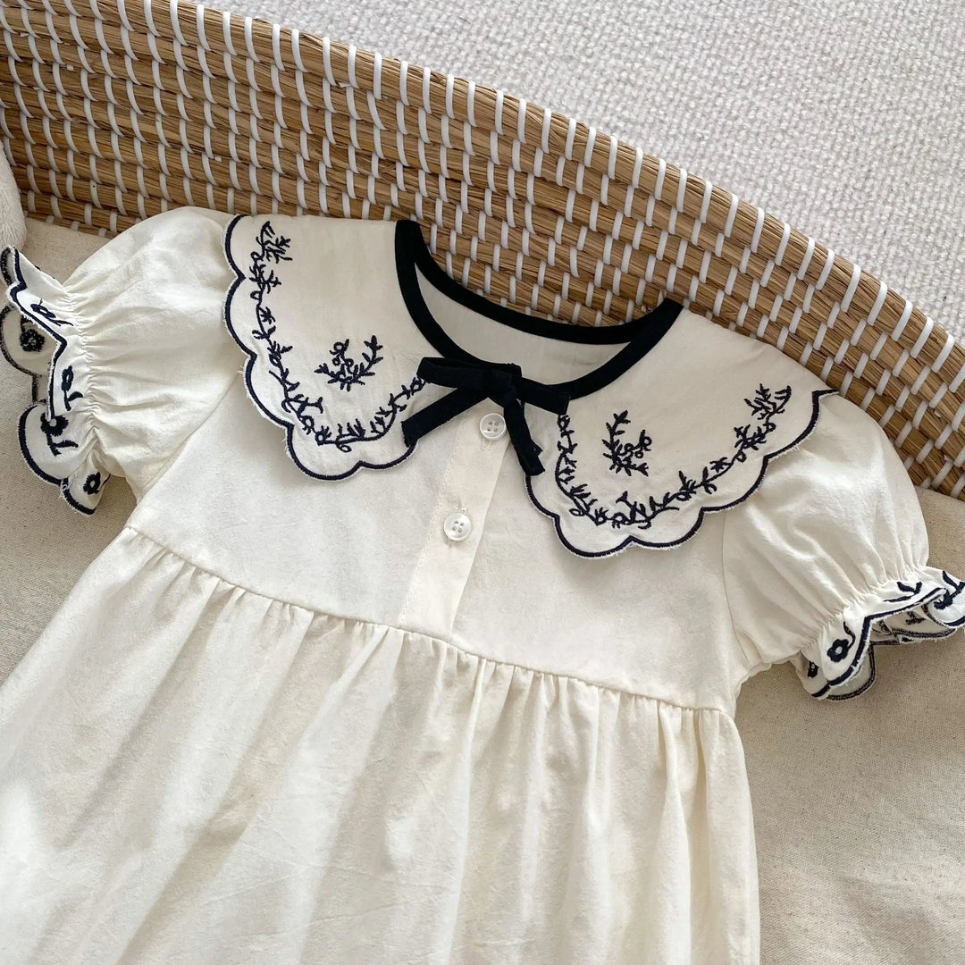 Cute Lapel Embroidered Girl's One-Piece Dress