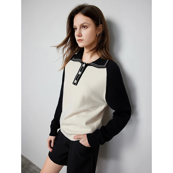 Contrast Polo Collar Pullover Sweater