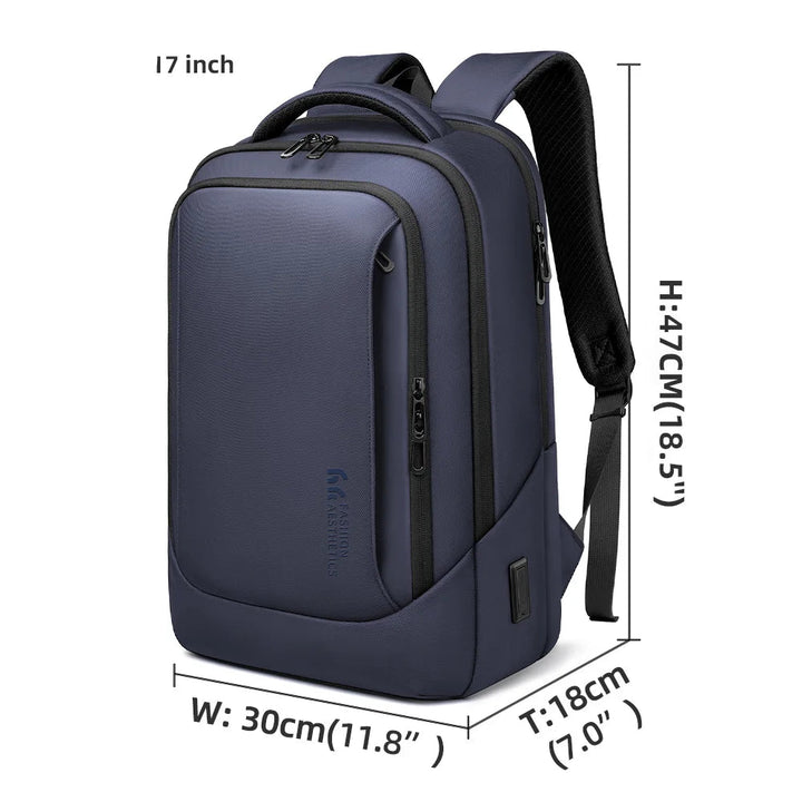 Blue waterproof business backpack with front zip pocket and padded shoulder straps