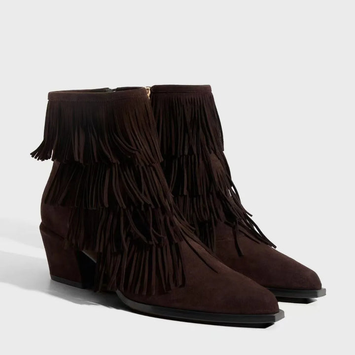 Dark brown suede tassel ankle boots with stacked block heel and layered fringe