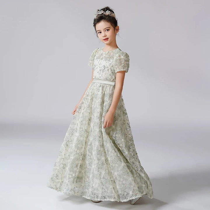 Puff Sleeves Rhinestone Flower Girls Dress