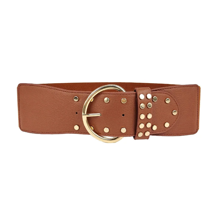 Camel brown leather belt with round gold buckle, riveted strap and eyelets, women&