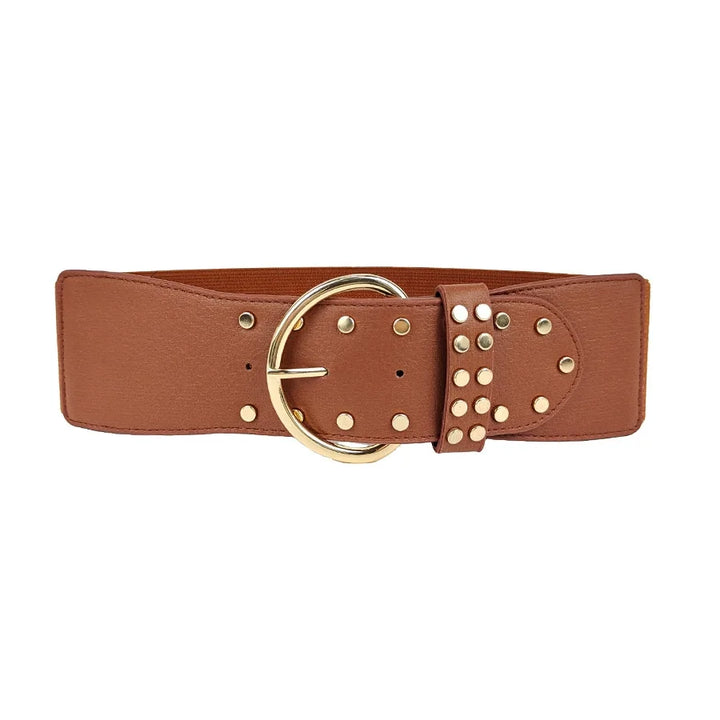 Camel brown leather belt with round gold buckle, riveted strap and eyelets, women&