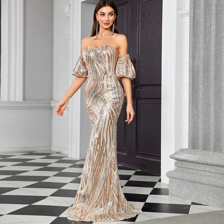 Dazzling Puffed-Sleeves Evening Party  Dress