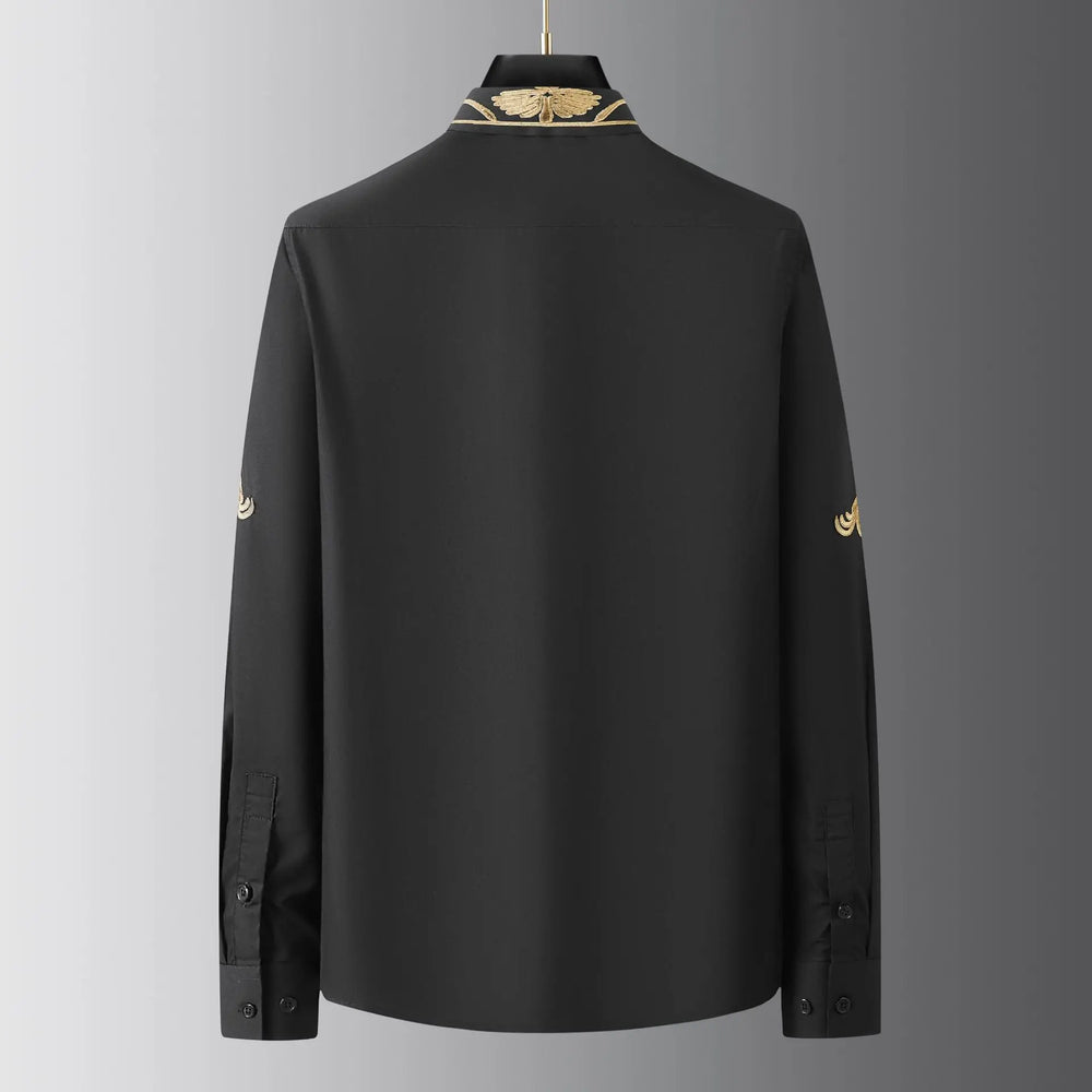 Men’s black dress shirt back view on hanger, long sleeves with button cuffs