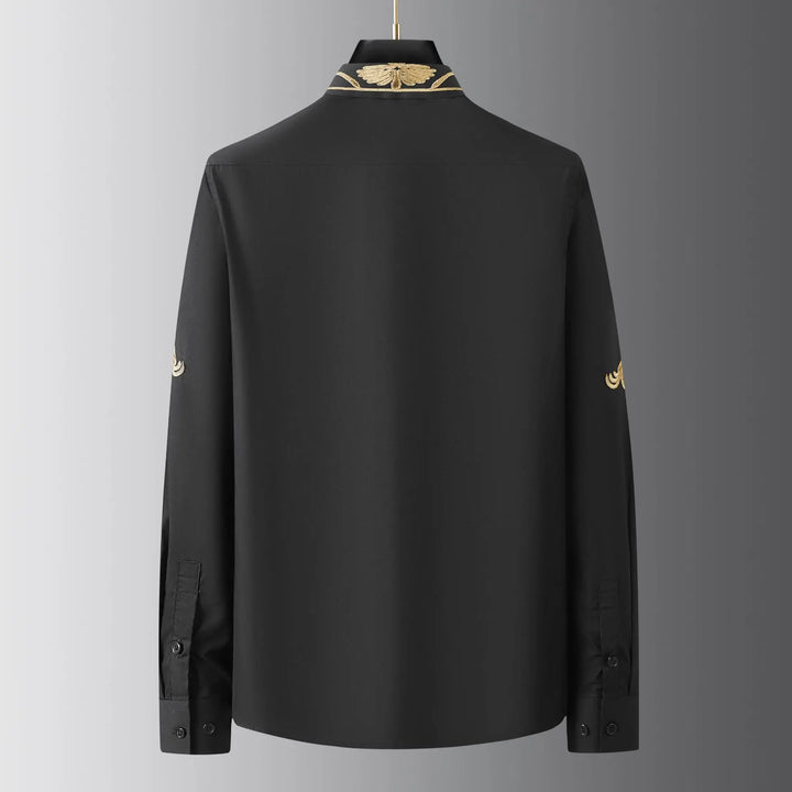 Men’s black dress shirt back view on hanger, long sleeves with button cuffs