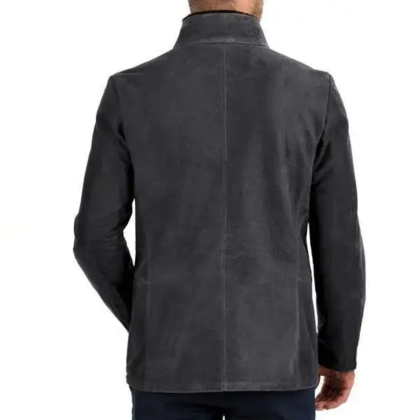 Dark gray velvet zip-up jacket, back view with vertical center seam