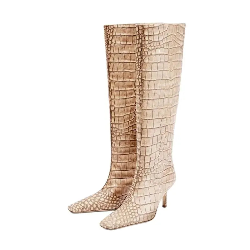 Women’s knee-high croc-grain boots, pair in apricot beige and light beige with slim heel