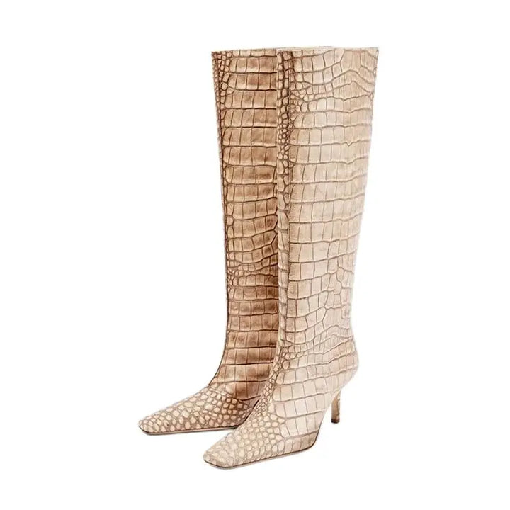 Women’s knee-high croc-grain boots, pair in apricot beige and light beige with slim heel