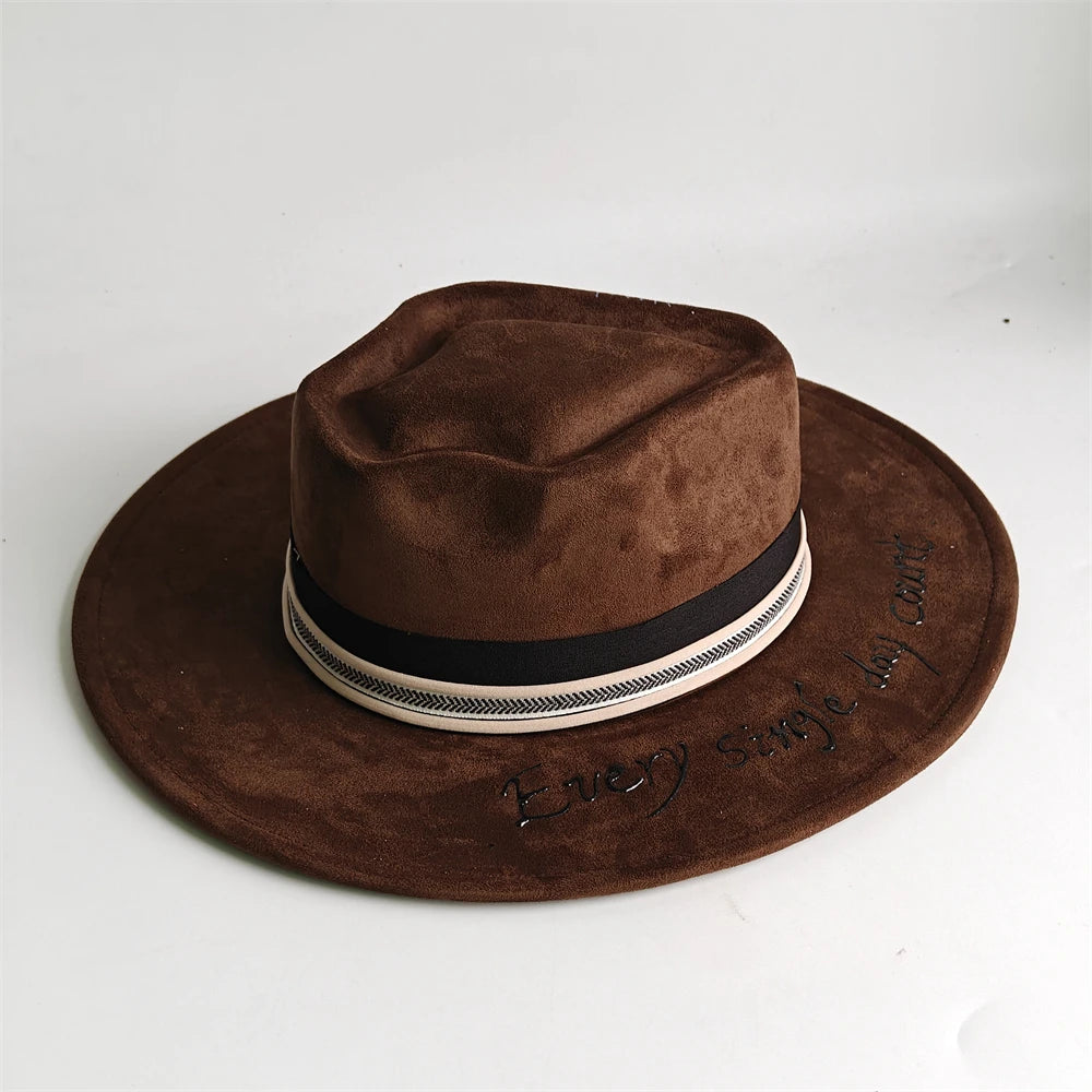 Chocolate brown suede arrow top hat with wide brim and layered crown styling