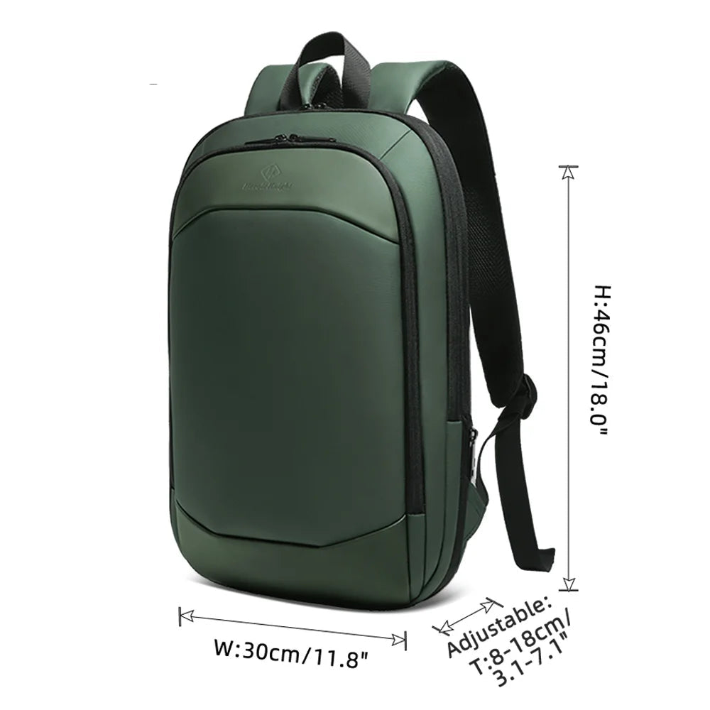 Green slim travel backpack with top handle and adjustable shoulder strap