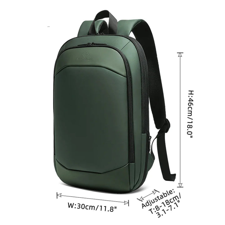 Green slim travel backpack with top handle and adjustable shoulder strap