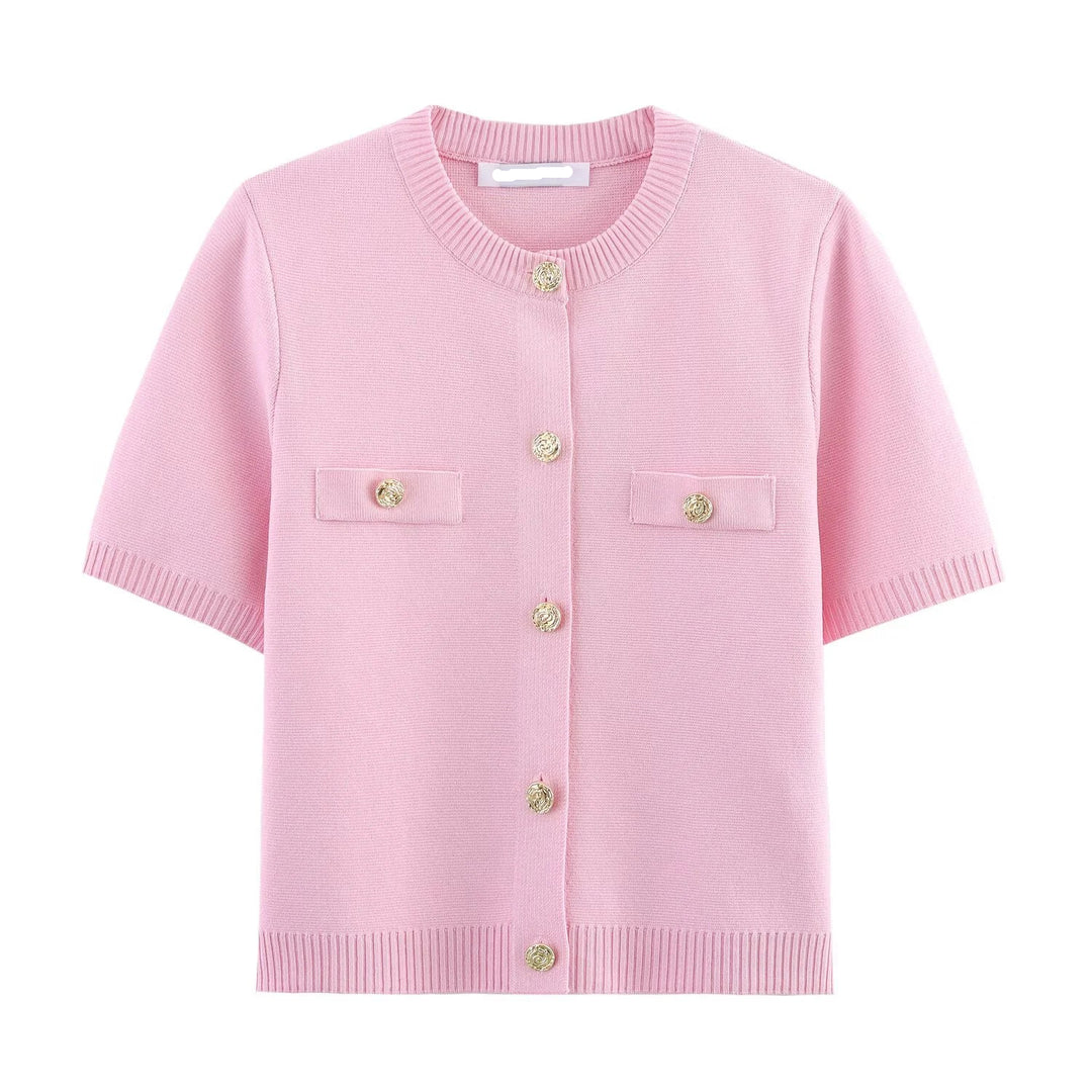 Pink short-sleeve cardigan with button details on a white background