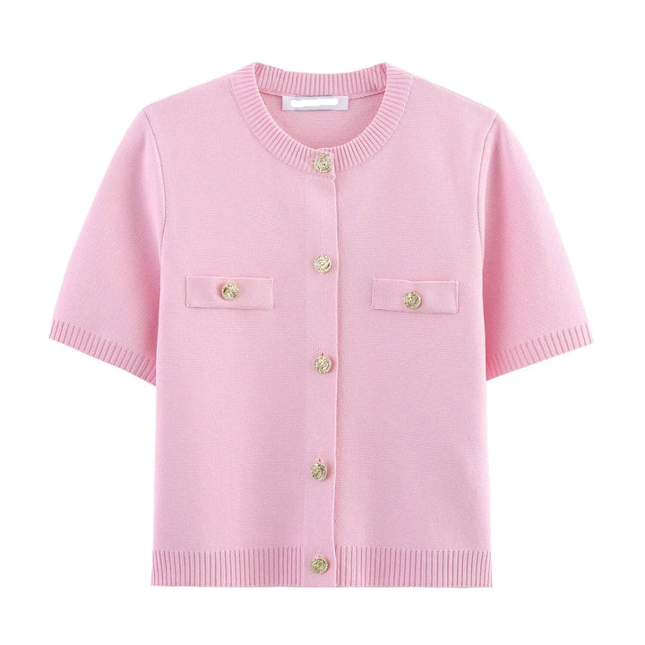 Pink short-sleeve cardigan with button details on a white background