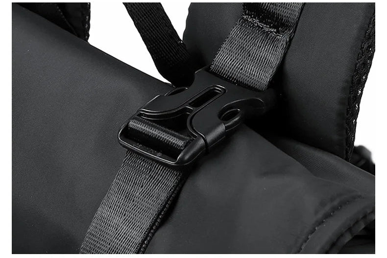 Black roll-top rucksack anti-theft buckle on cross webbing strap