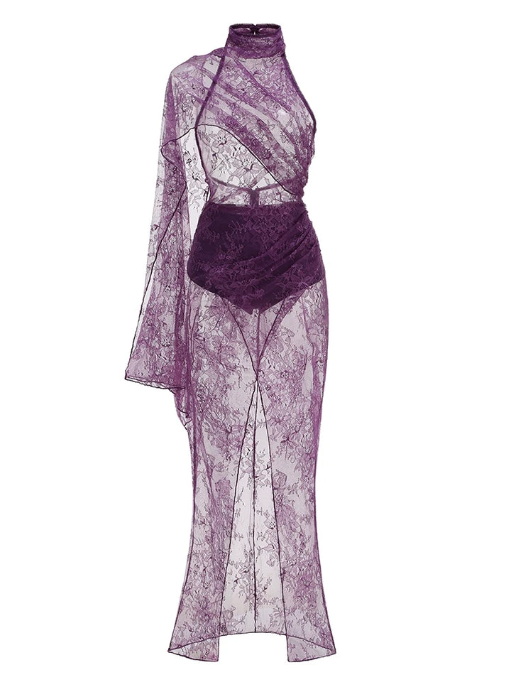Purple sheer lace maxi gown with high neckline, long sleeves, and layered midsection