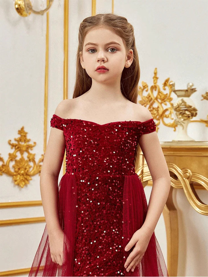 Robe de soirée sans manches en tulle pailleté pour fille
