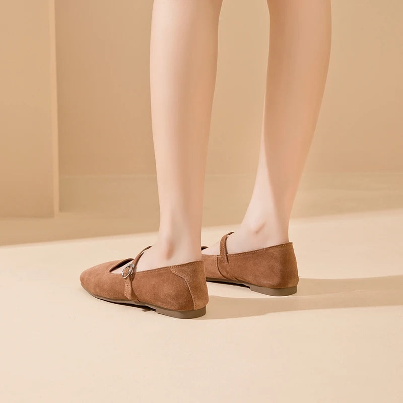 Brown suede flat shoes with instep strap and small side buckle