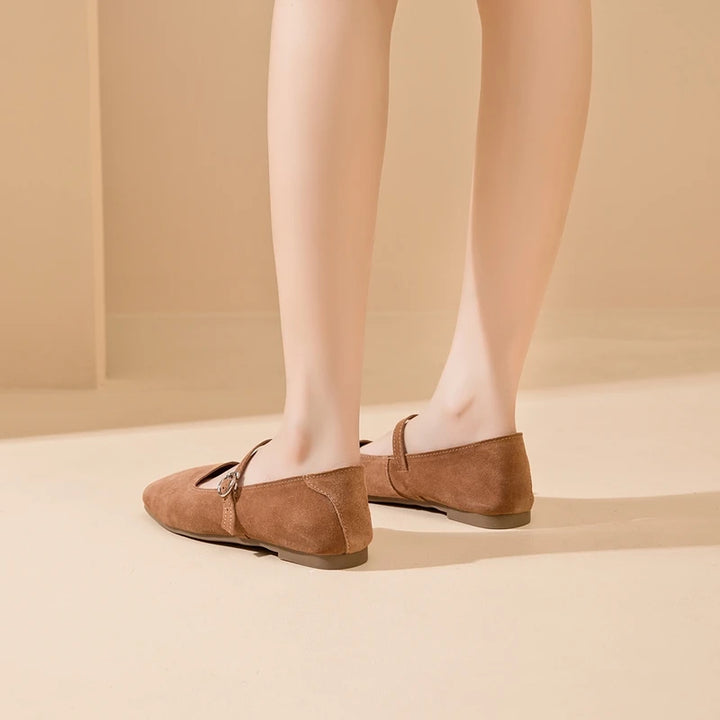 Brown suede flat shoes with instep strap and small side buckle