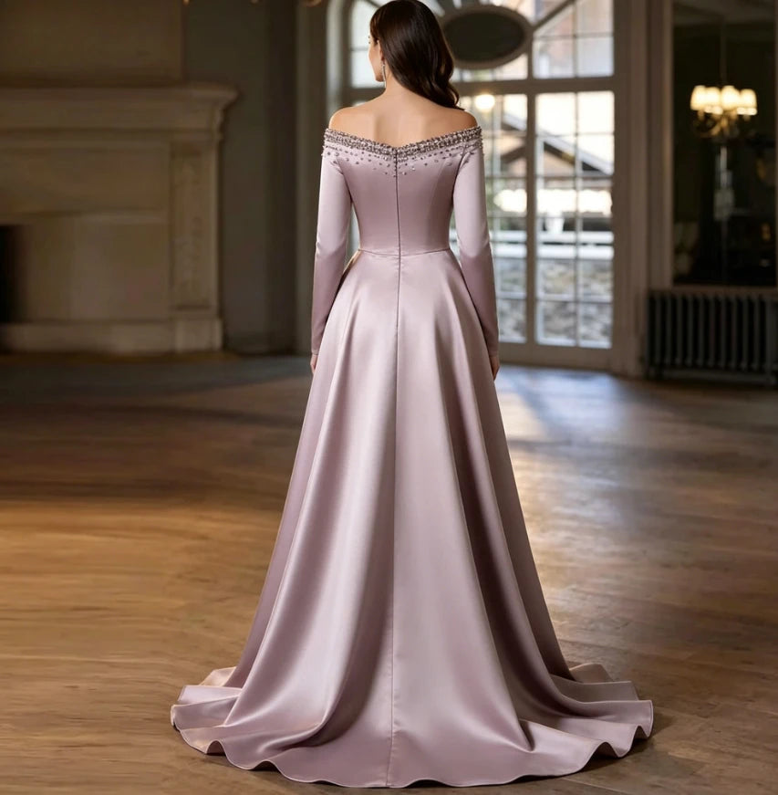 Women’s satin A-line skirt with ruched waistband and floor-length pleated back hem in lavender