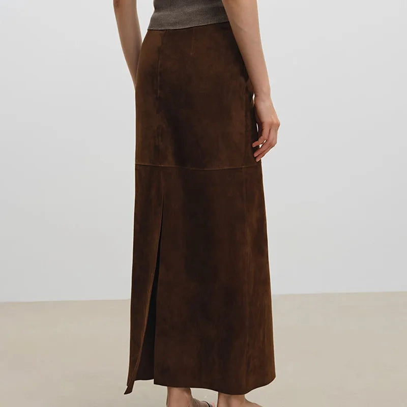 Women’s suede maxi skirt in dark brown, front slit and stitched seam detail