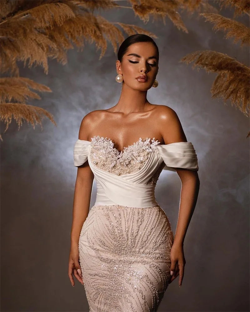 Appliqued Pearls Arabic Wedding Dress