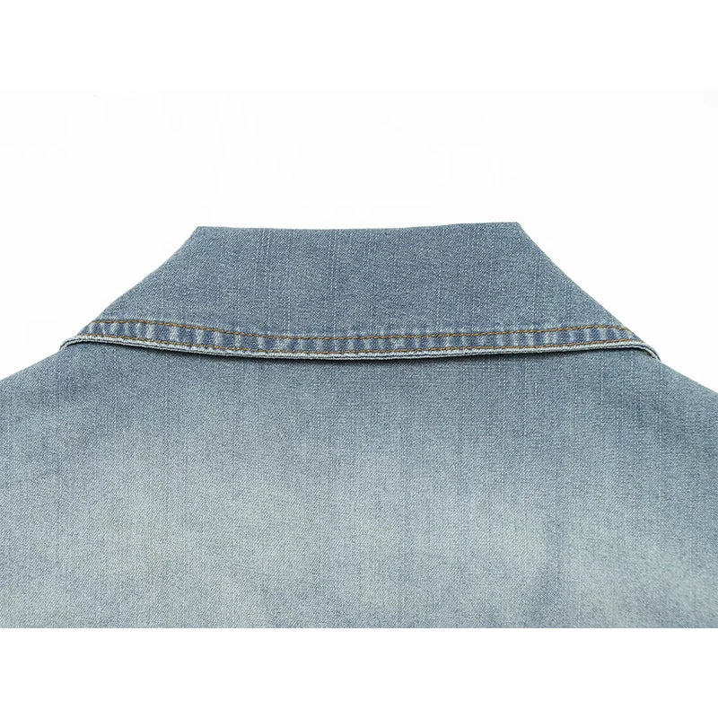Light blue denim mini dress neckline and yoke seam with topstitched collar edge