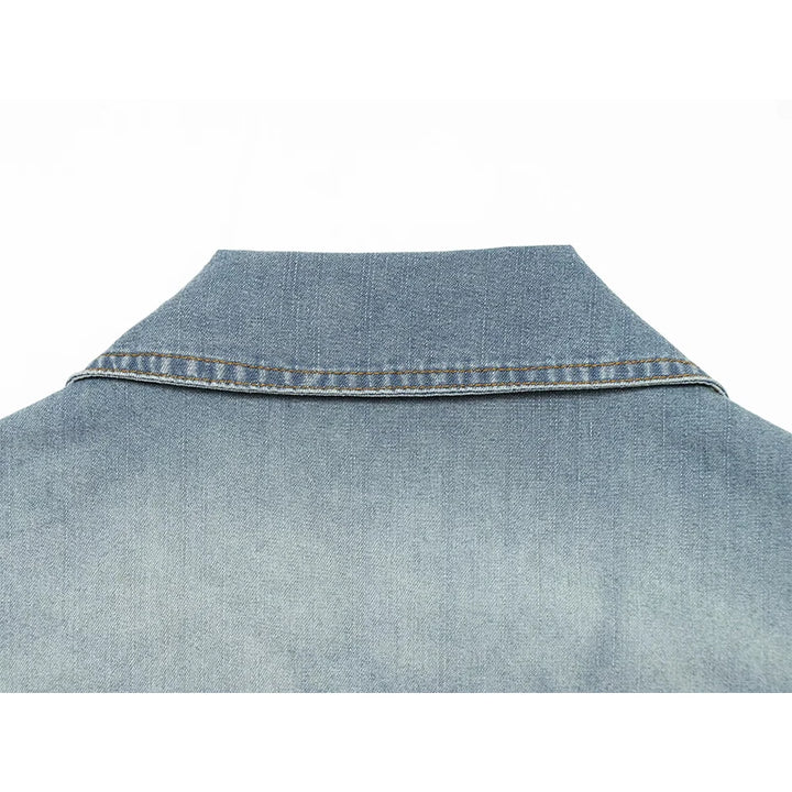 Light blue denim mini dress neckline and yoke seam with topstitched collar edge
