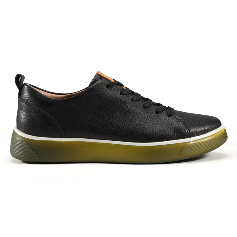 Black leather sneakers with lace-up closure and thick olive sole