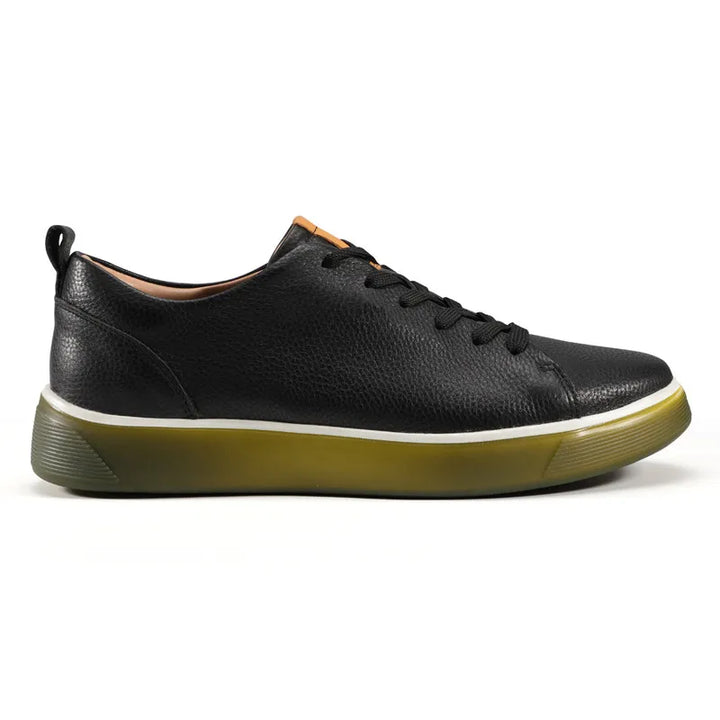 Black leather sneakers with lace-up closure and thick olive sole