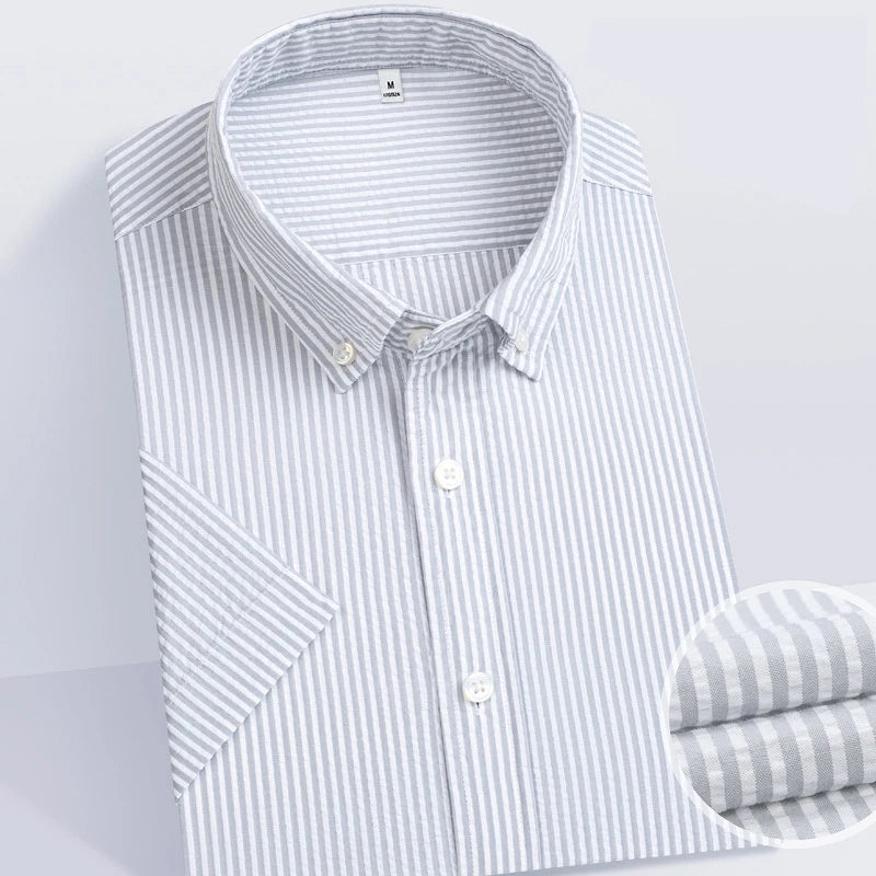 Men's blue striped 100% cotton shirt with button-down collar and short sleeves