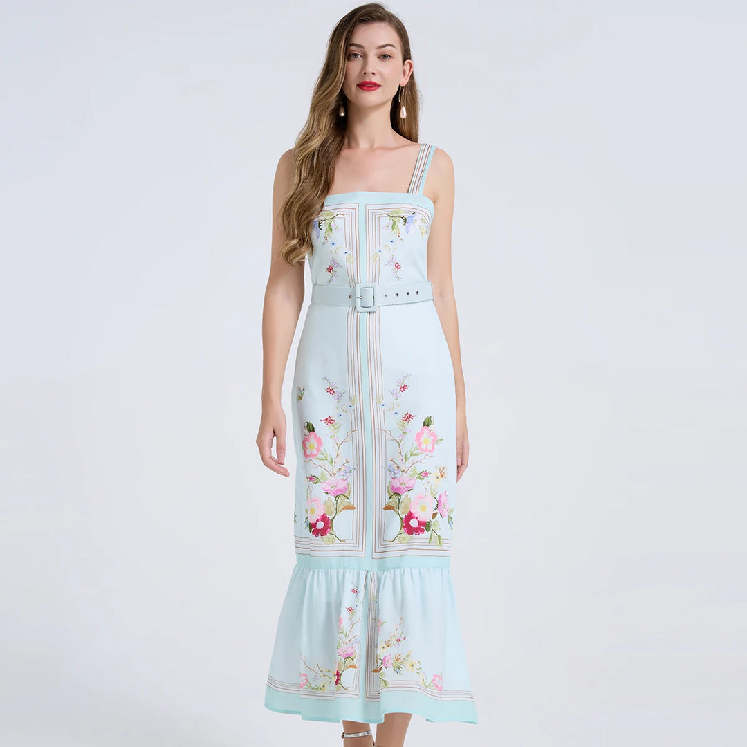 Mint blue floral bodycon long dress, front view, thin straps, fitted bodice, tiered hem