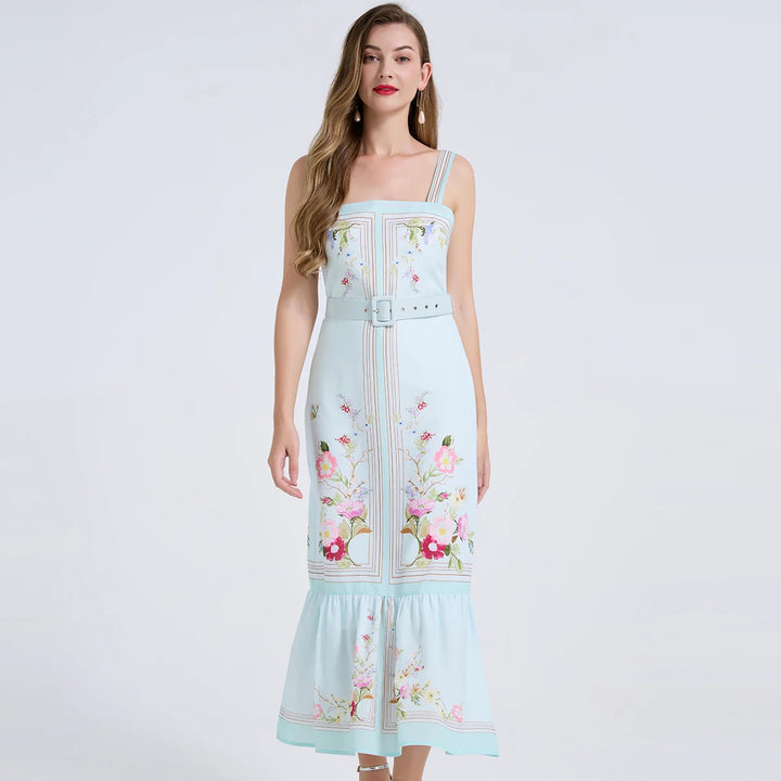 Mint blue floral bodycon long dress, front view, thin straps, fitted bodice, tiered hem