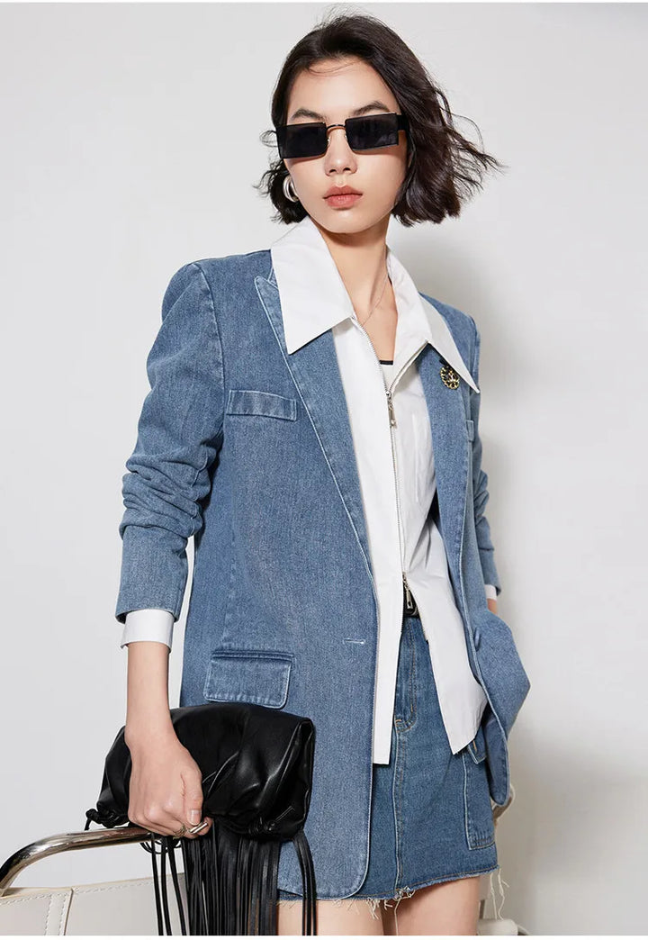 Turn Down Collar Denim Blazer