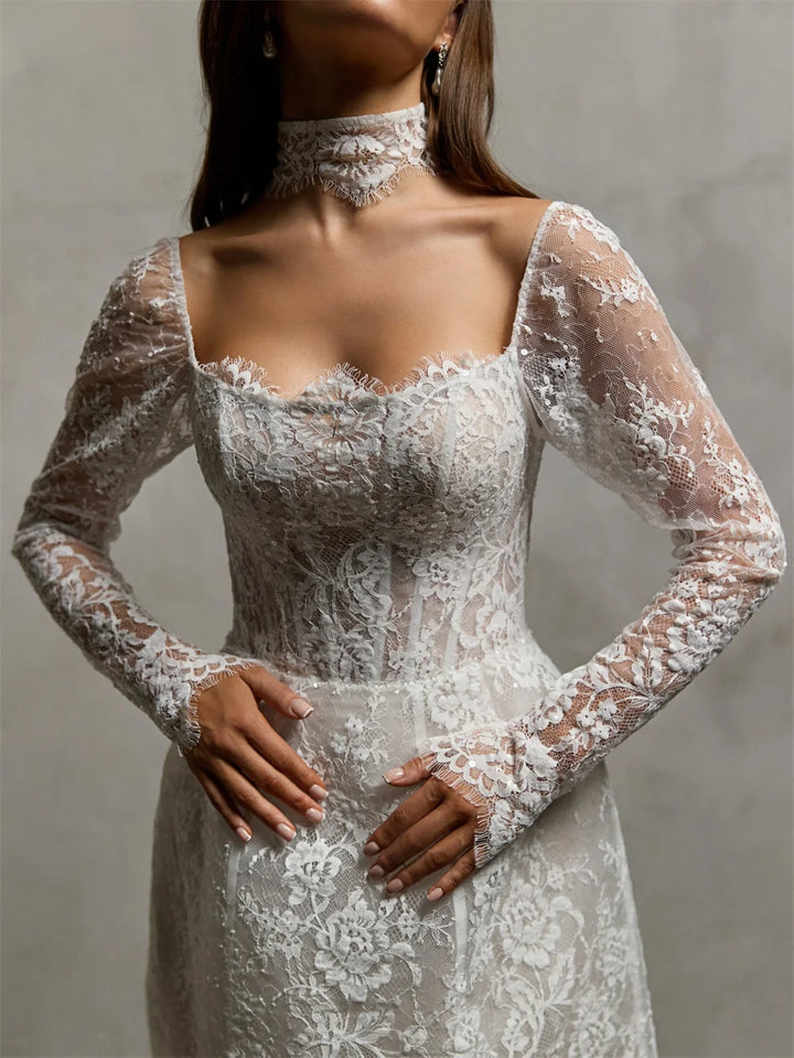 White lace bridal mini dress bodice with off-shoulder neckline and long sleeves