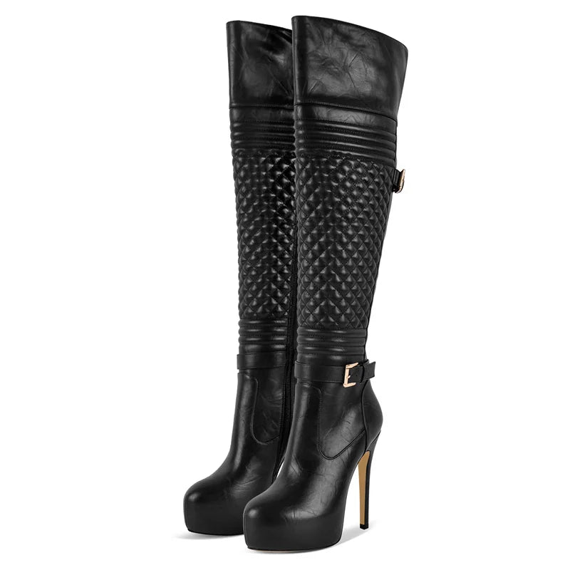 Black over-the-knee boots with textured quilted upper, side buckle, stiletto heel.