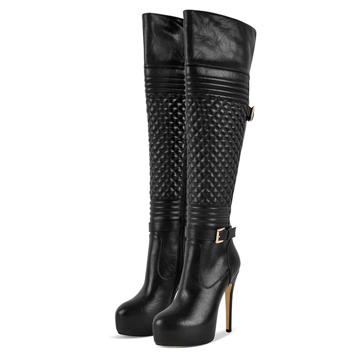 Black over-the-knee boots with textured quilted upper, side buckle, stiletto heel.