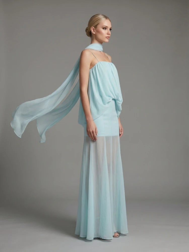 Light blue halter evening dress with draped chiffon ribbon detail at back and maxi skirt