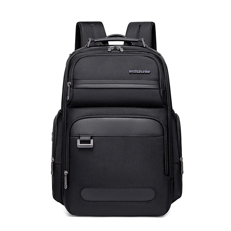 Men's travel backpack by arctic hunter in black, front view with padded shoulder straps
