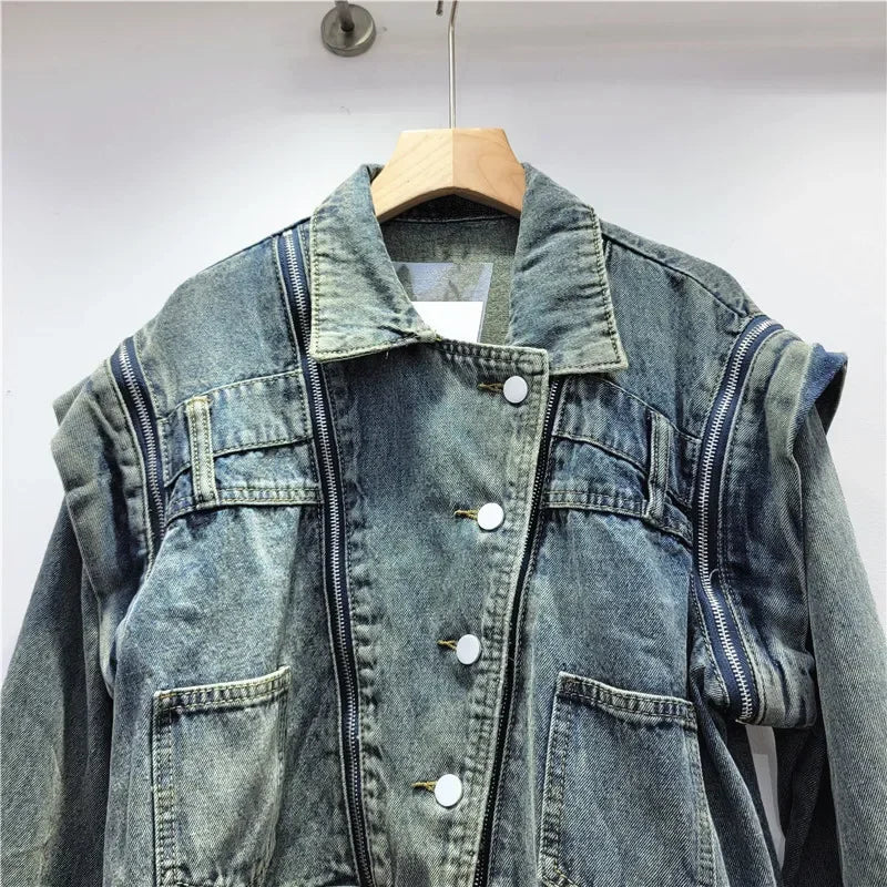 Trendy Multi-zipper Short Denim Jacket