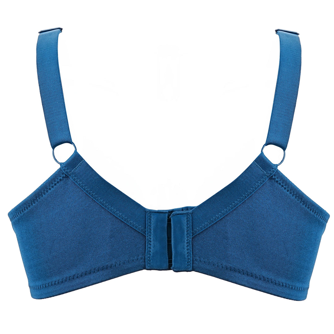 Dark blue lace underwire bra with front band and adjustable straps
