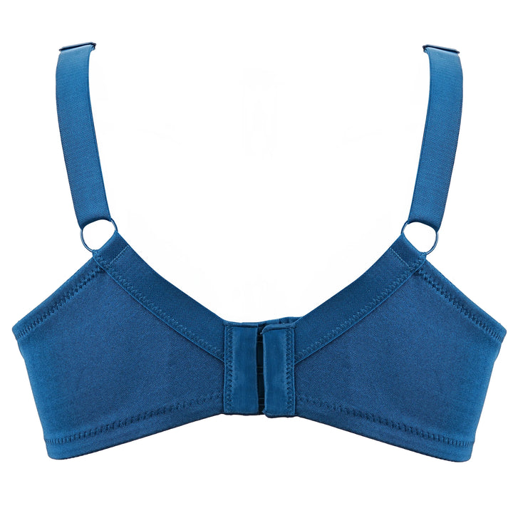 Dark blue lace underwire bra with front band and adjustable straps