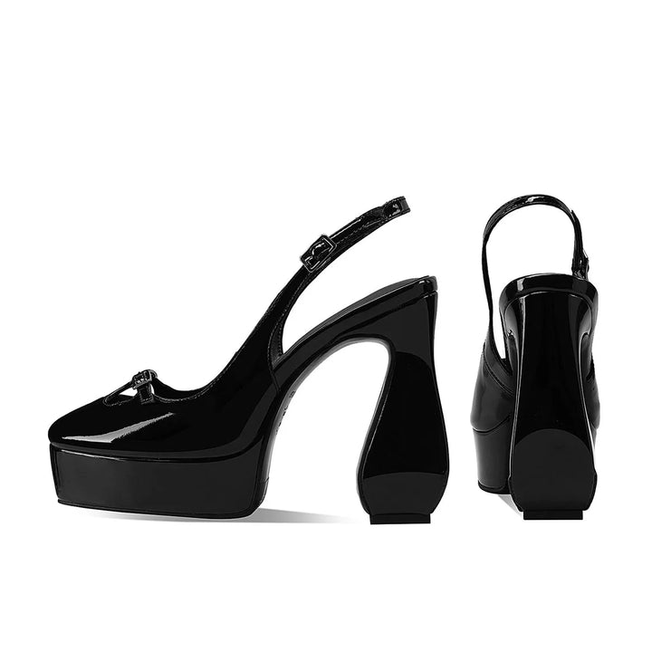 Black square-toe platform heel slingback sandals, multiple angles with buckle straps